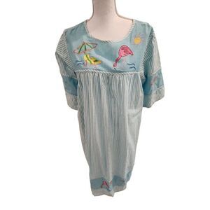 Vintage 80s Blue Flamingo MuuMuu Dress L Cotton Kaftan Patio Summer Cotton